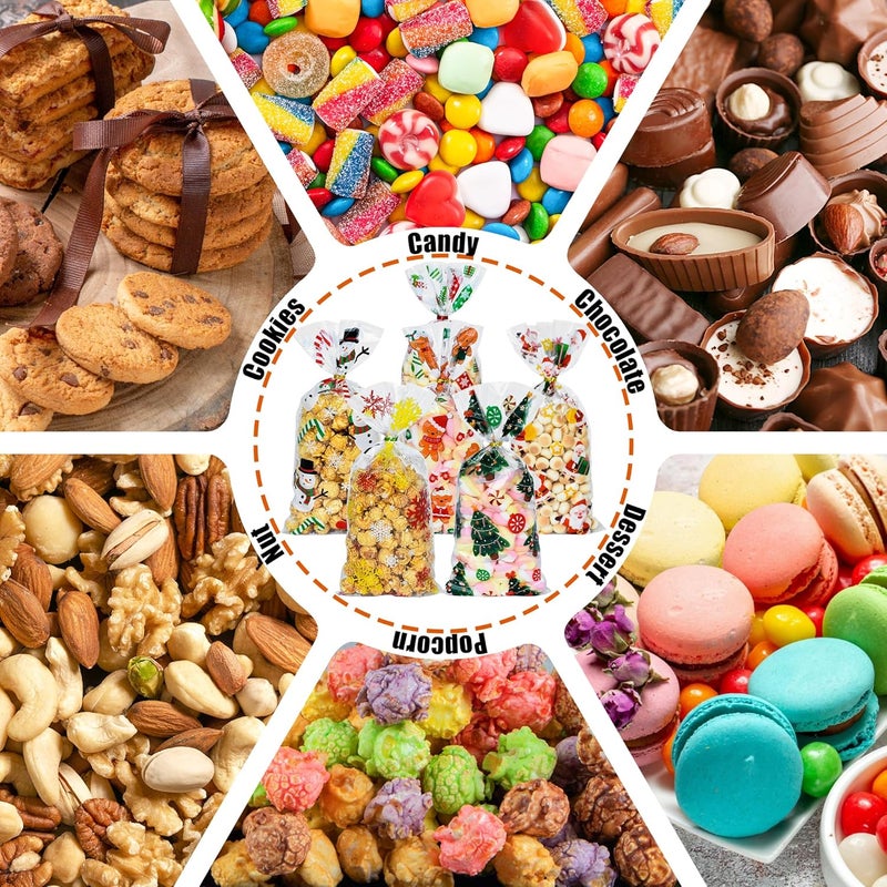 Twavang 120 Pcs Christmas Cellophane Treat Bags, Xmas Gift Candy Goodies Bags with 140 Pcs Twists for Snacks Cookies Packing (10.6 x 5.1 inches) - Image 5